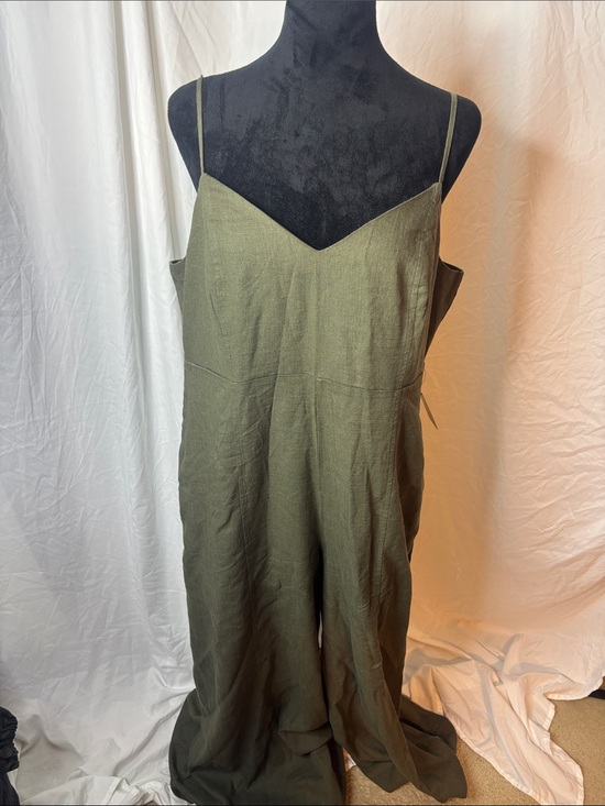 Express Pants - Express Olive Green Linen-Blend Wide-Leg Jumpsuit